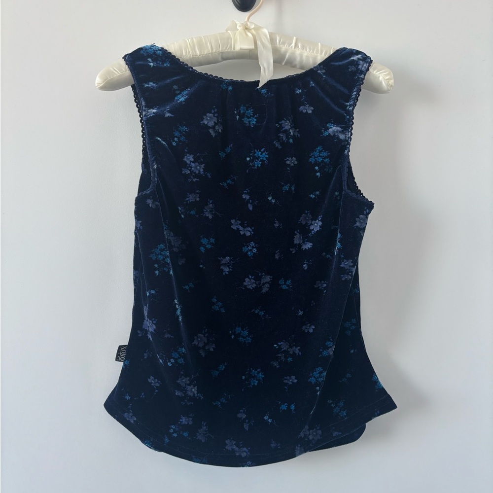 Vintage Y2K XOXO Navy Blue Floral Velvet Sequins Sleeveless Tank Top Square Neck - Picture 4 of 8